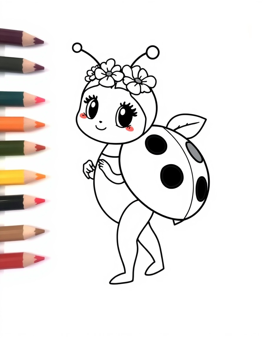 Certainly!  Name Lulu the Ladybug  Description Lulu is a bright red ladybug with black spots, big, expressive eyes, and black antennae. She wears a flower crown and carries a little leaf backpack. Lul