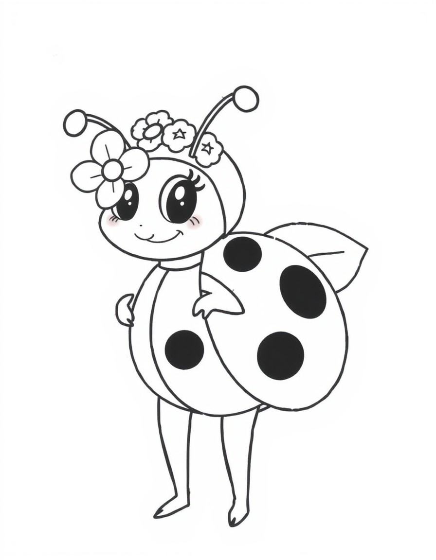 Certainly!  Name Lulu the Ladybug  Description Lulu is a bright red ladybug with black spots, big, expressive eyes, and black antennae. She wears a flower crown and carries a little leaf backpack. Lul