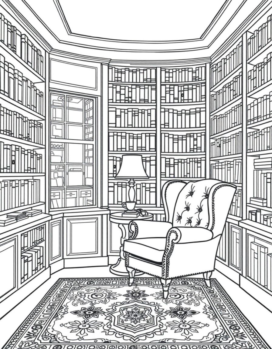 A detailed coloring page of a cozy library corner. Shows built-in bookshelves from floor to ceiling, leather wingback chair with reading lamp, small side table with teacup, and thick carpet with geome