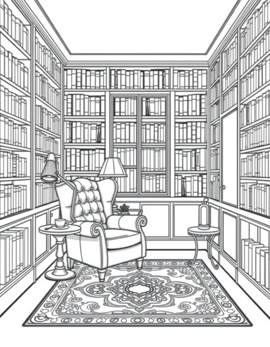 A detailed coloring page of a cozy library corner. Shows built-in bookshelves from floor to ceiling, leather wingback chair with reading lamp, small side table with teacup, and thick carpet with geome