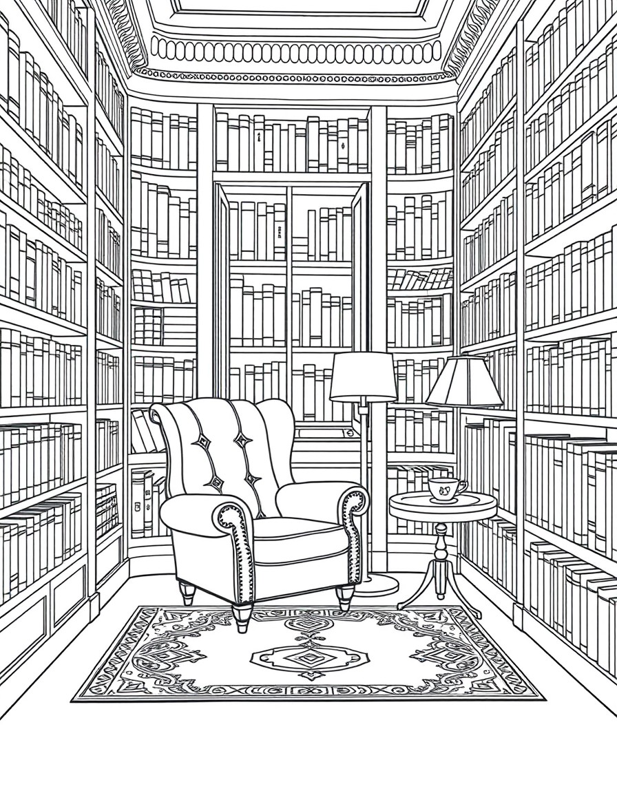A detailed coloring page of a cozy library corner. Shows built-in bookshelves from floor to ceiling, leather wingback chair with reading lamp, small side table with teacup, and thick carpet with geome