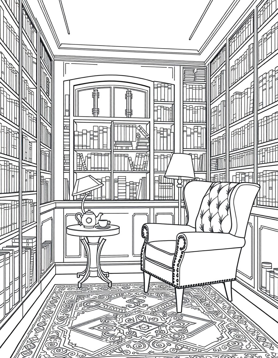 A detailed coloring page of a cozy library corner. Shows built-in bookshelves from floor to ceiling, leather wingback chair with reading lamp, small side table with teacup, and thick carpet with geome