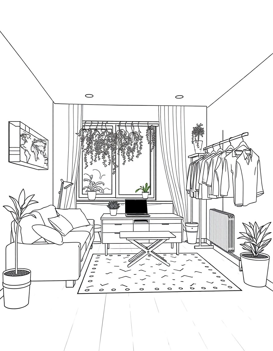 of a modern studio apartment. Features a convertible sofa bed with storage underneath, wall-mounted folding table for workspace, ceiling-hung plants, and room divider with clothing rack. Large windows