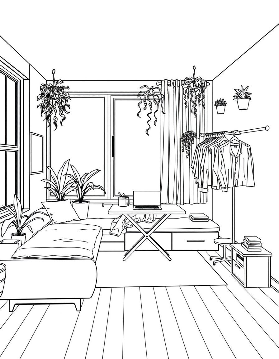 of a modern studio apartment. Features a convertible sofa bed with storage underneath, wall-mounted folding table for workspace, ceiling-hung plants, and room divider with clothing rack. Large windows