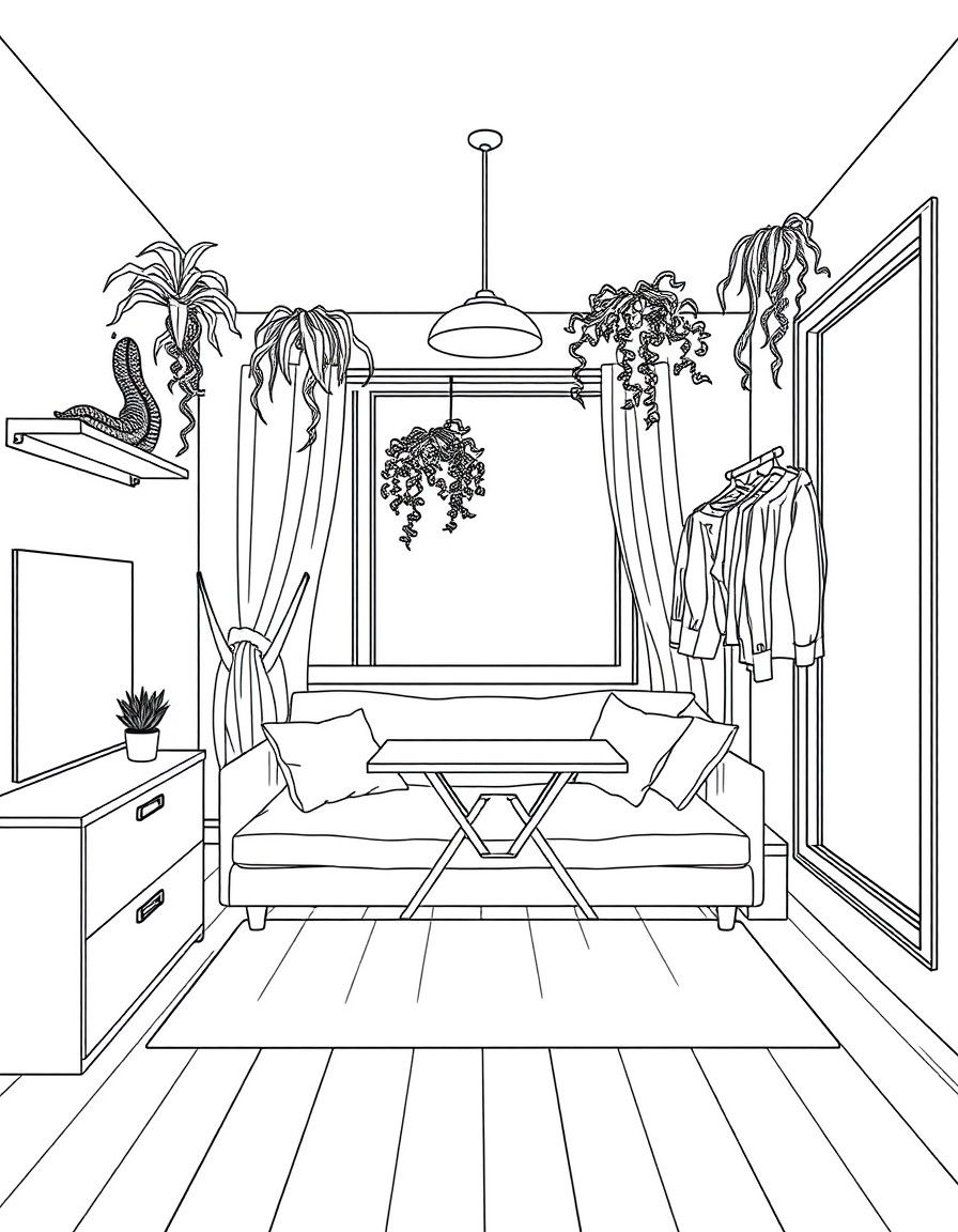 of a modern studio apartment. Features a convertible sofa bed with storage underneath, wall-mounted folding table for workspace, ceiling-hung plants, and room divider with clothing rack. Large windows