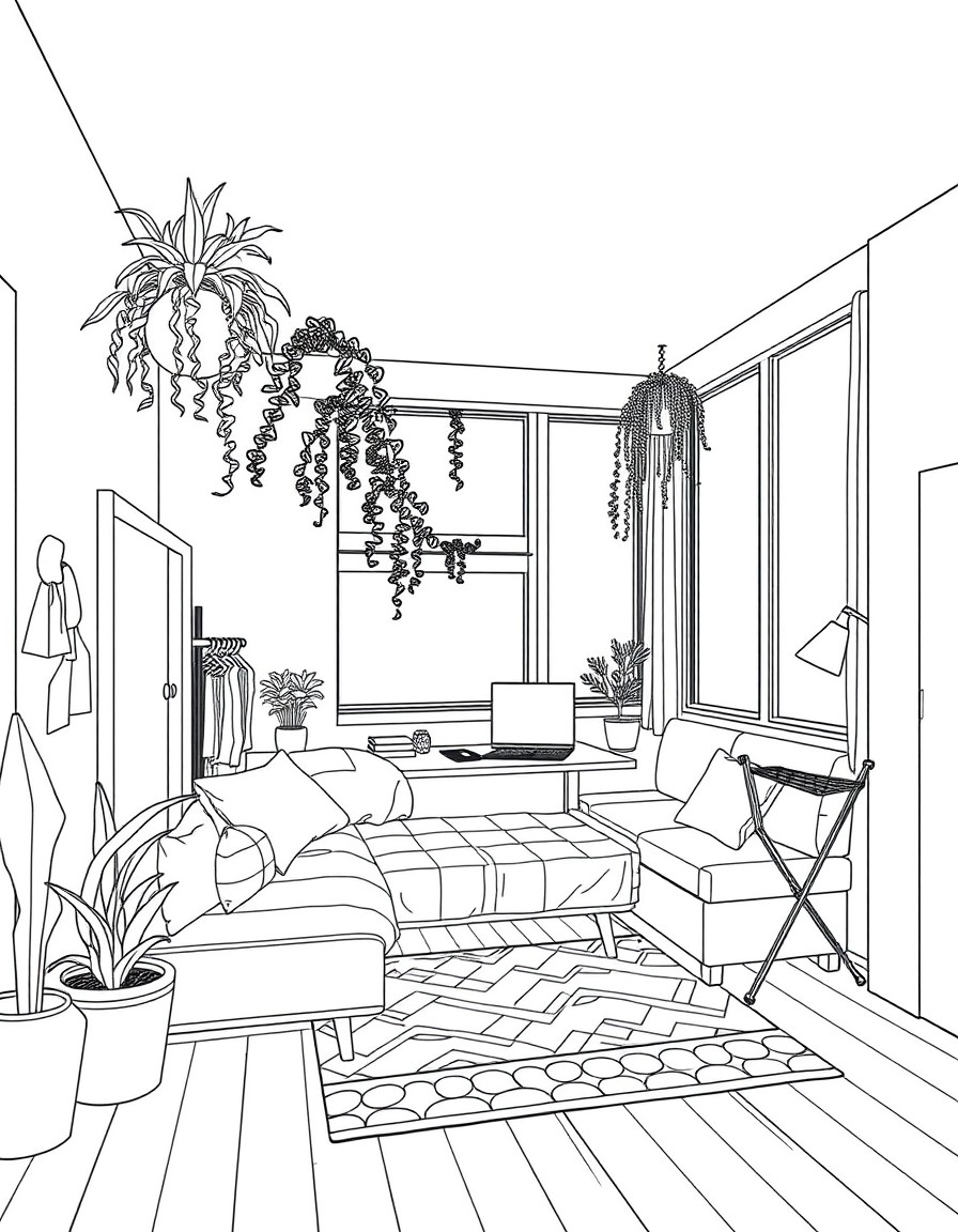 of a modern studio apartment. Features a convertible sofa bed with storage underneath, wall-mounted folding table for workspace, ceiling-hung plants, and room divider with clothing rack. Large windows