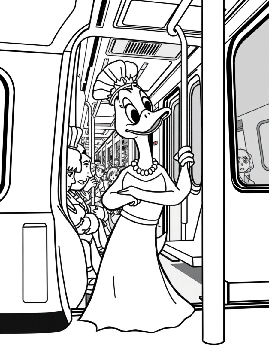 a duck dressed ina white wedding dress standing in a metro train leaning against the pole the metro train is crowded duck has a sad and disgusted expression on its face