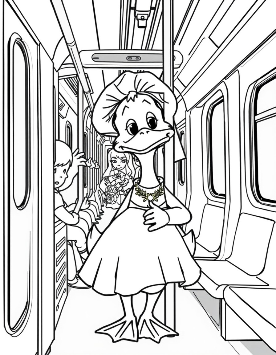 a duck dressed ina white wedding dress standing in a metro train leaning against the pole the metro train is crowded duck has a sad and disgusted expression on its face