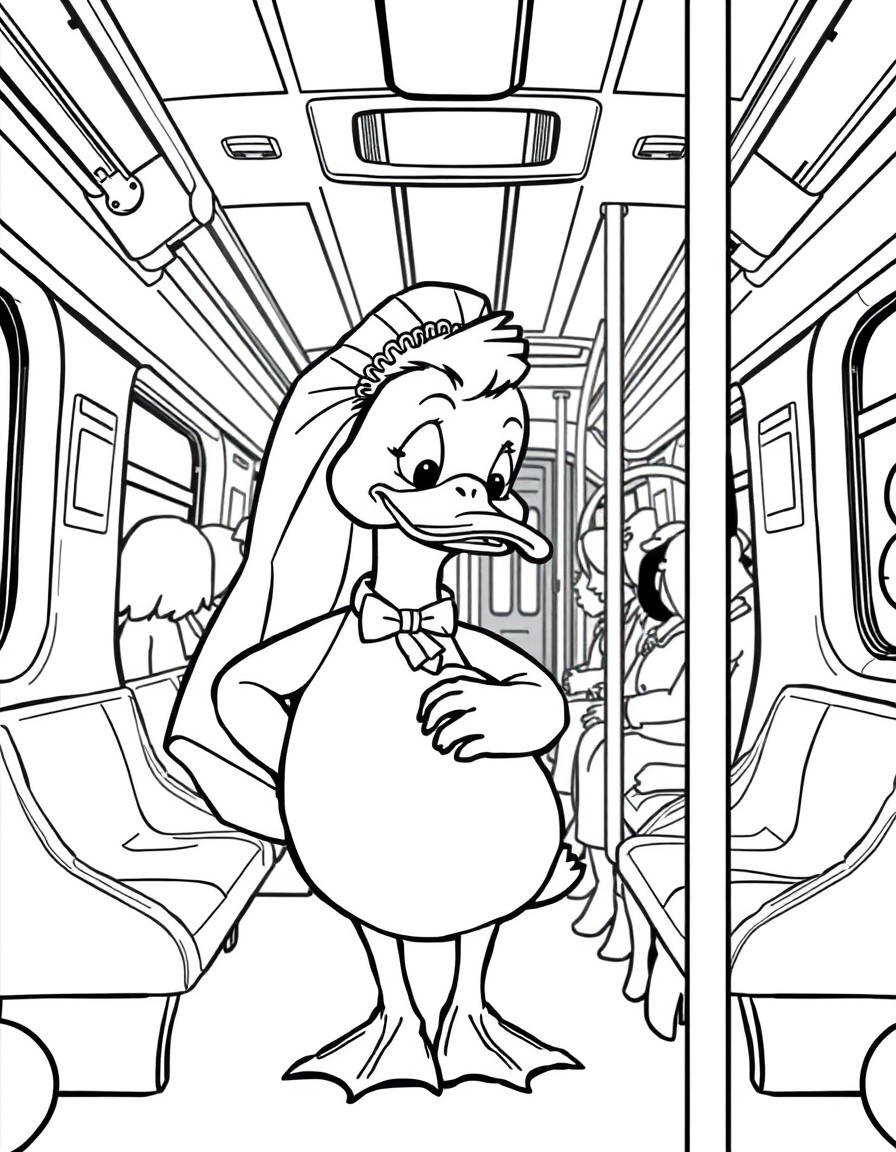 a duck dressed ina white wedding dress standing in a metro train leaning against the pole the metro train is crowded duck has a sad and disgusted expression on its face