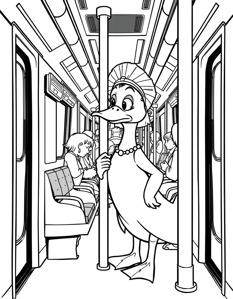 a duck dressed ina white wedding dress standing in a metro train leaning against the pole the metro train is crowded duck has a sad and disgusted expression on its face