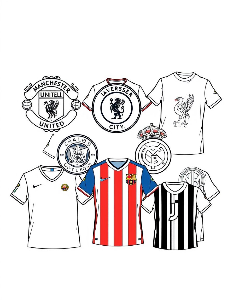 Manchester United, Manchester City, Liverpool, Chelsea, Paris Saint-Germain, Barcelona, Real Madrid, Inter Milan, and AC Milan football kits, including both the old and new logos from 2000 to 2025 in