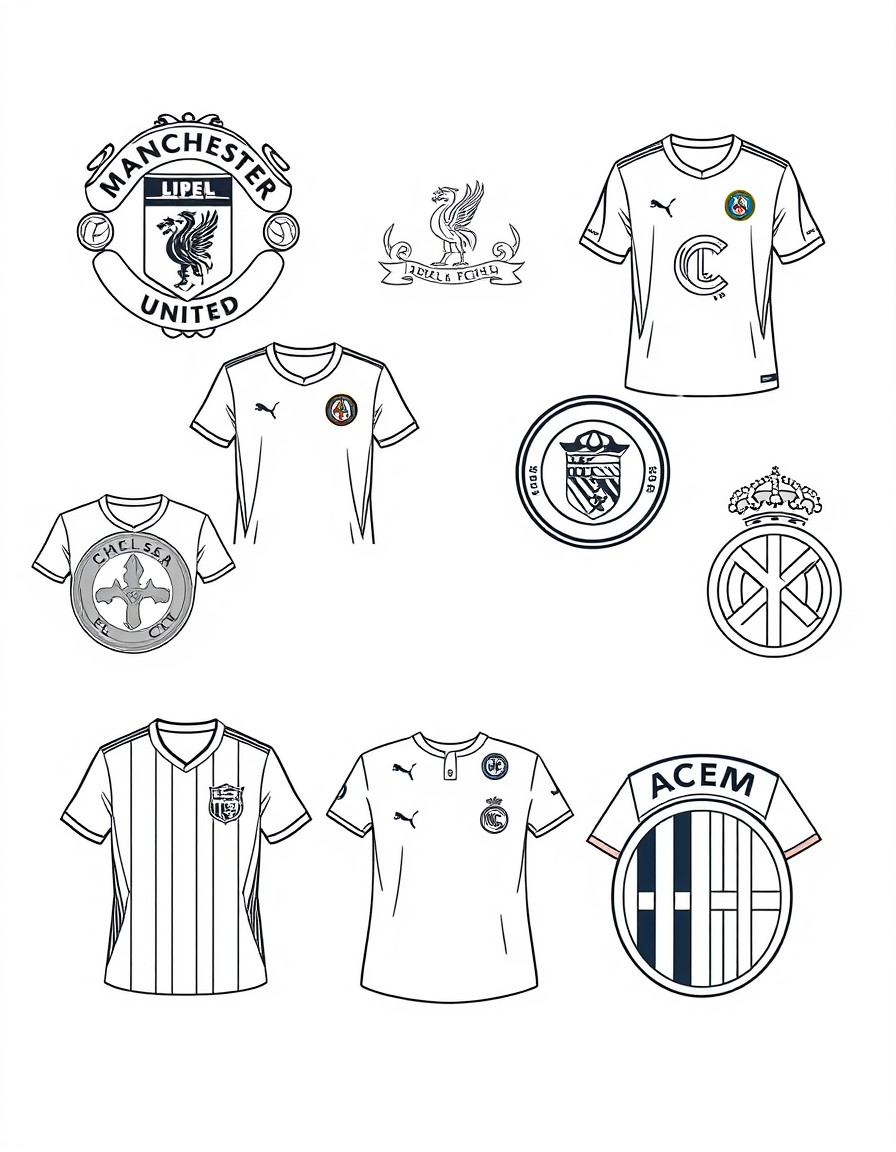 Manchester United, Manchester City, Liverpool, Chelsea, Paris Saint-Germain, Barcelona, Real Madrid, Inter Milan, and AC Milan football kits, including both the old and new logos from 2000 to 2025 in