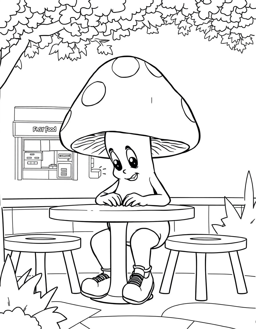 A mushroom man is sitting at an outdoor table. The table is in the shade and her is staring down. The table is at a fast food restaurants play zone for children.