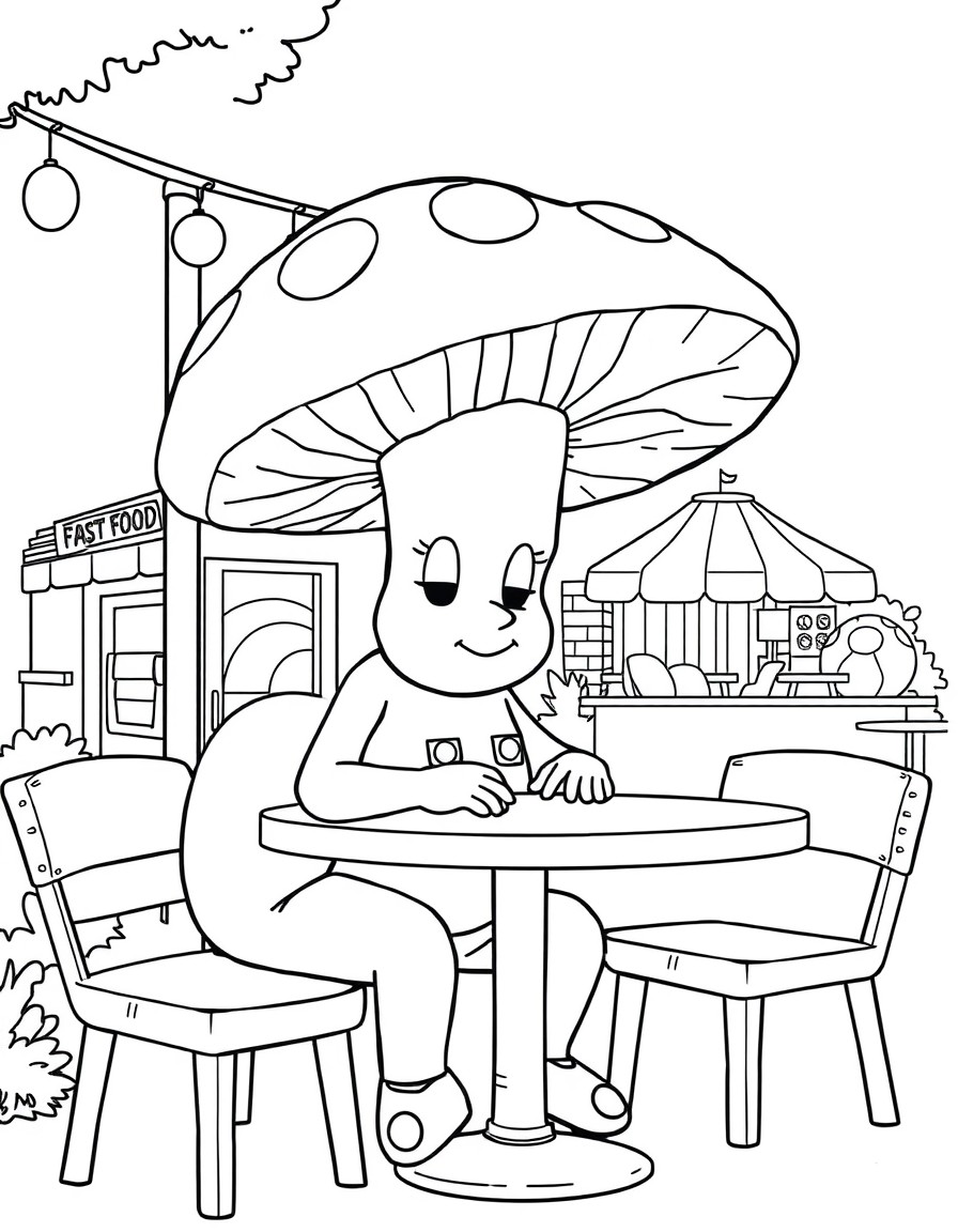 A mushroom man is sitting at an outdoor table. The table is in the shade and her is staring down. The table is at a fast food restaurants play zone for children.