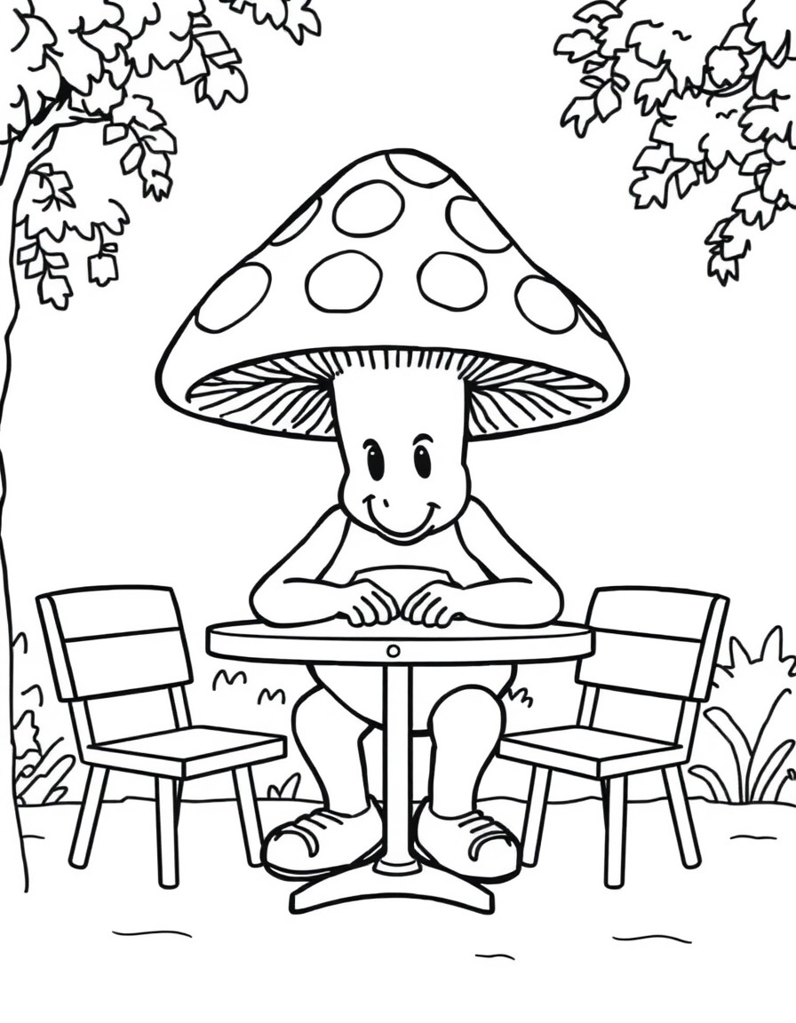 A mushroom man is sitting at an outdoor table. The table is in the shade and her is staring down. The table is at a fast food restaurants play zone for children.