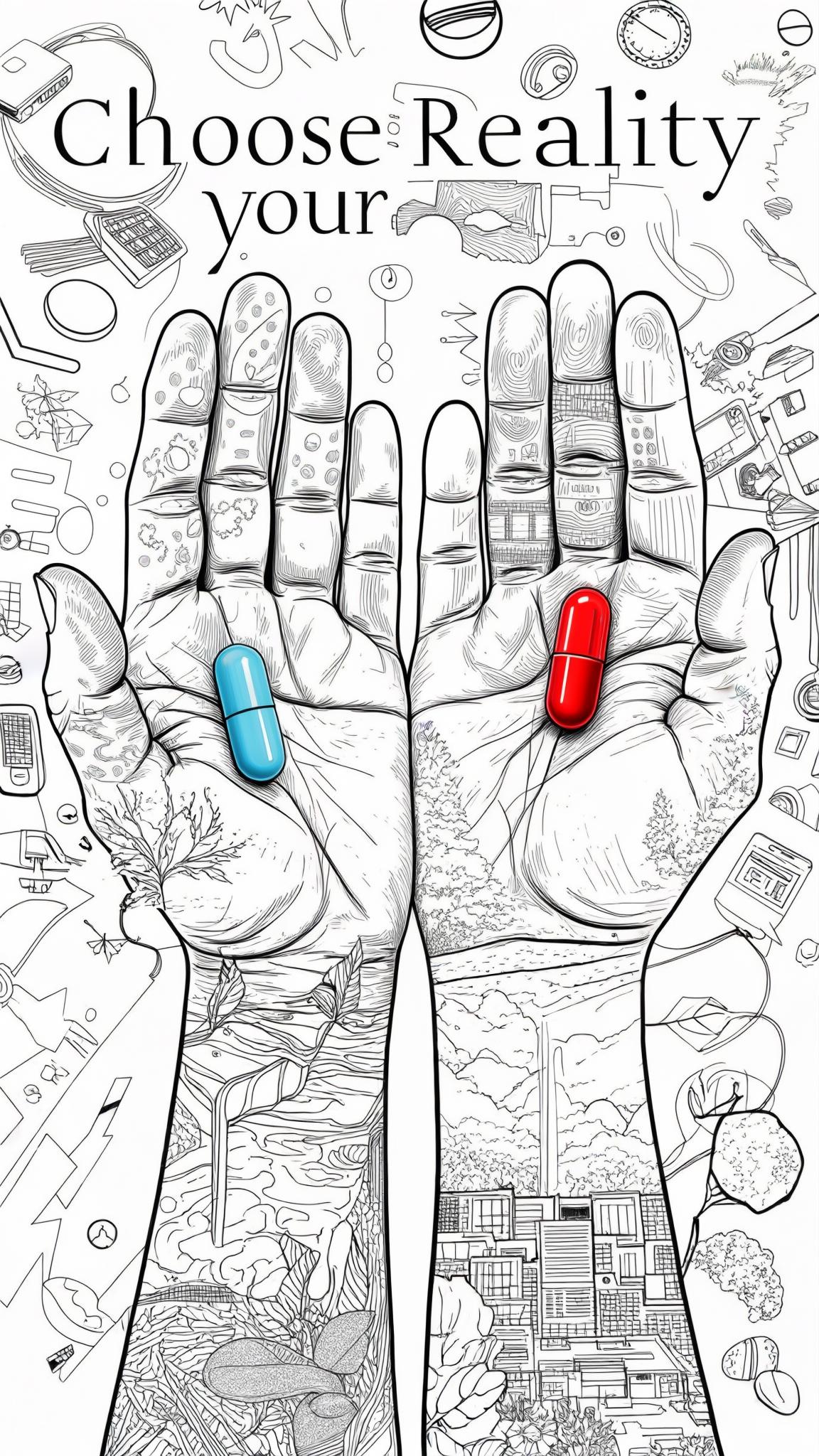 Two hands are outreached, offering the viewer a choice between what is in both hands. In one hand is a blue pill, in the other is a red pill. The hand is are center frame, with different images around