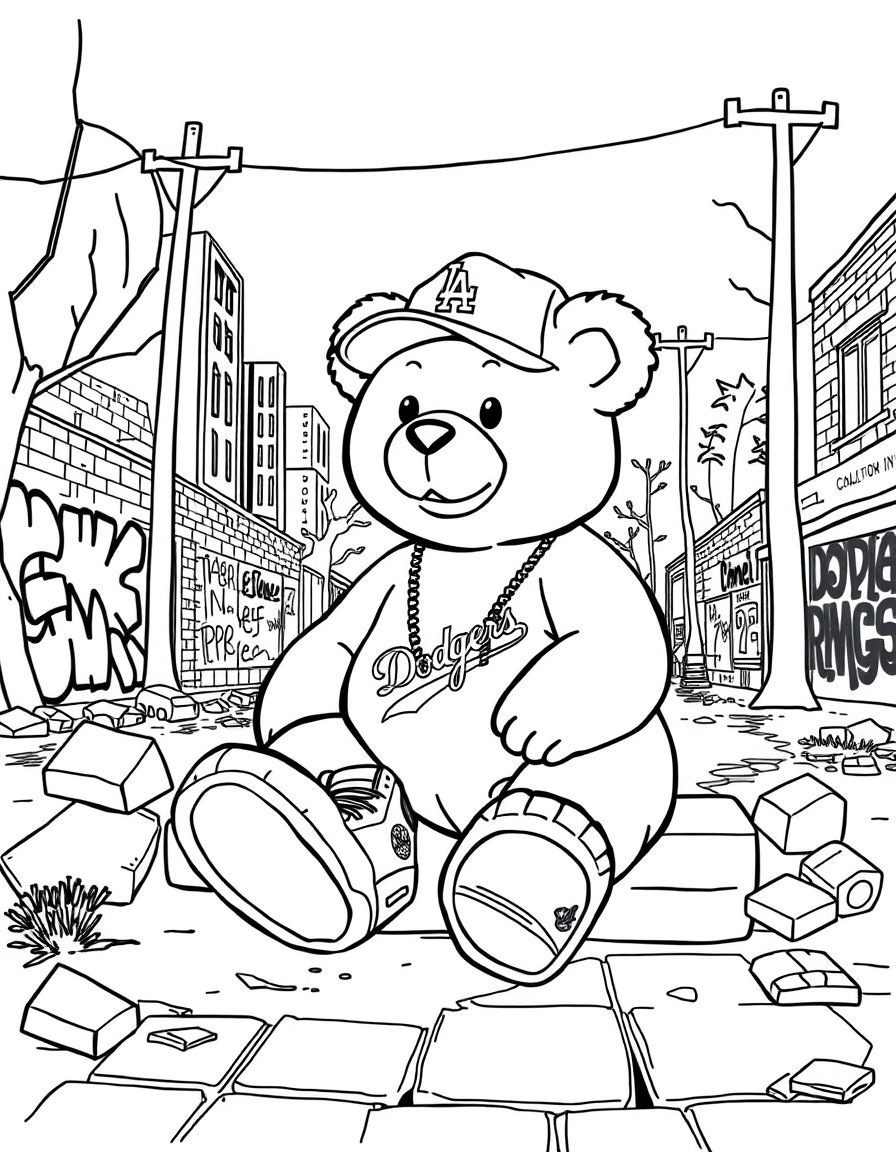The Game in Compton" - The teddy bear is chillin' in a park, surrounded by graffiti, broken brick walls, and city streets. A pair of Air Jordans is on his feet, and a Dodgers hat is on his head.