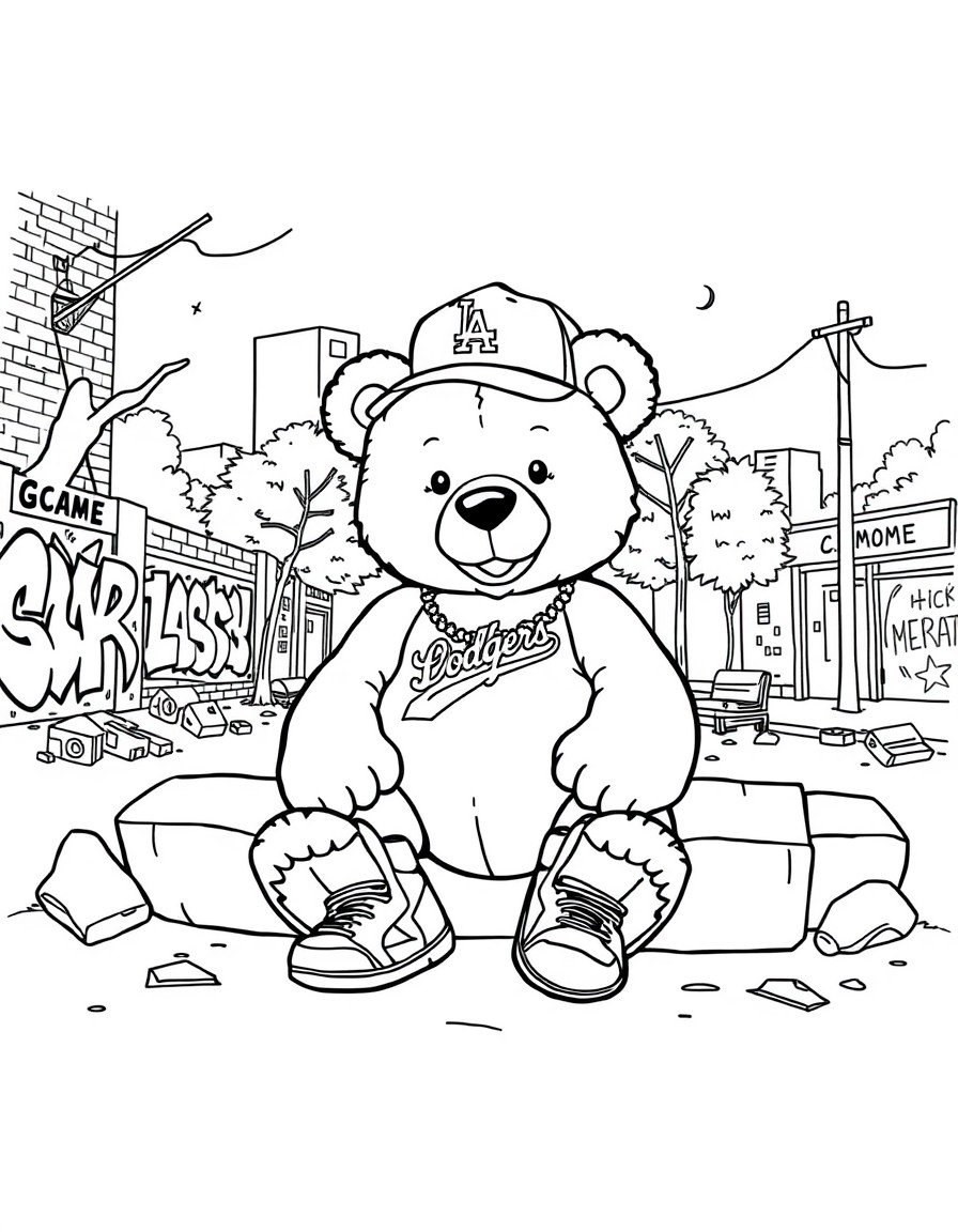 The Game in Compton" - The teddy bear is chillin' in a park, surrounded by graffiti, broken brick walls, and city streets. A pair of Air Jordans is on his feet, and a Dodgers hat is on his head.