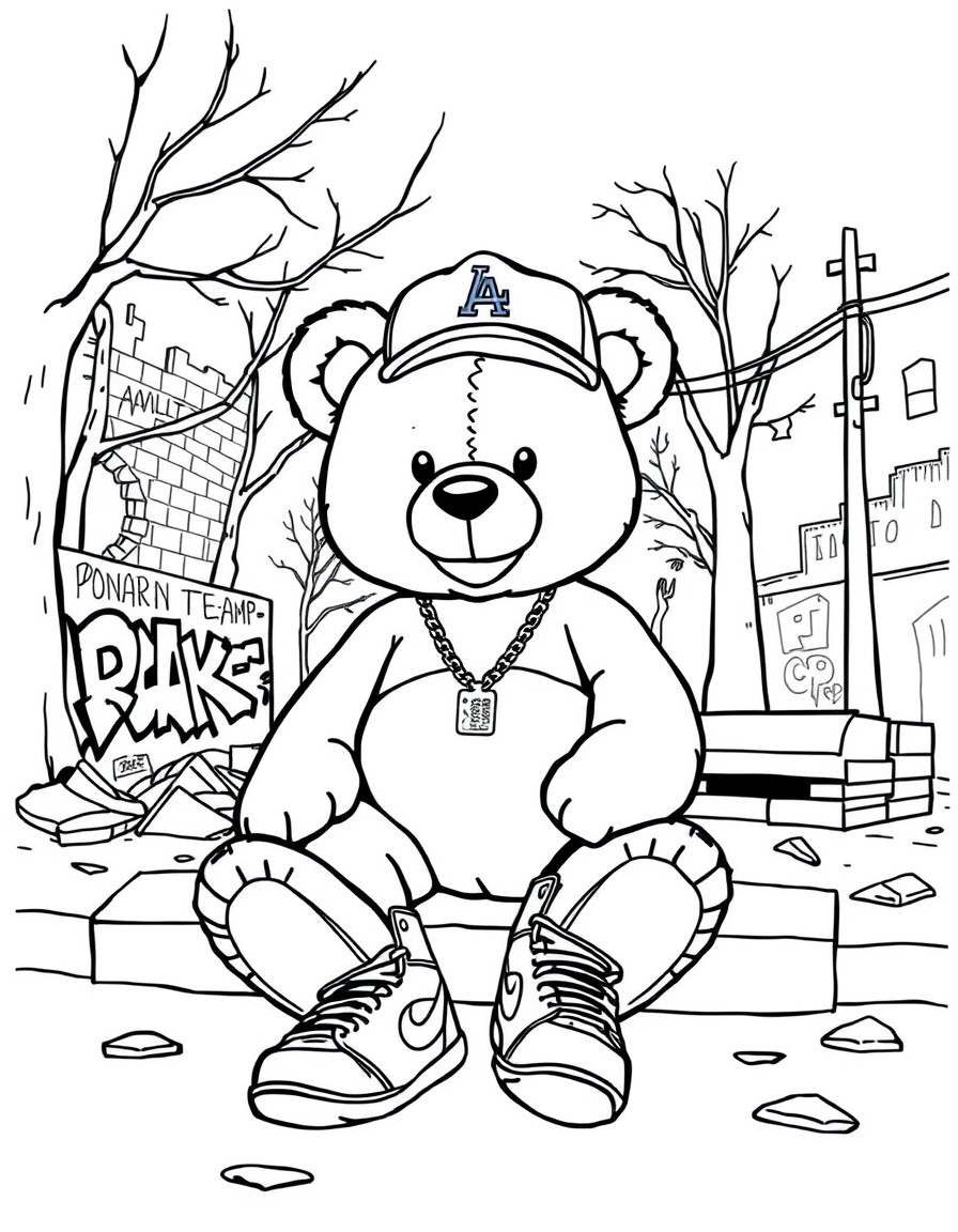 The Game in Compton" - The teddy bear is chillin' in a park, surrounded by graffiti, broken brick walls, and city streets. A pair of Air Jordans is on his feet, and a Dodgers hat is on his head.