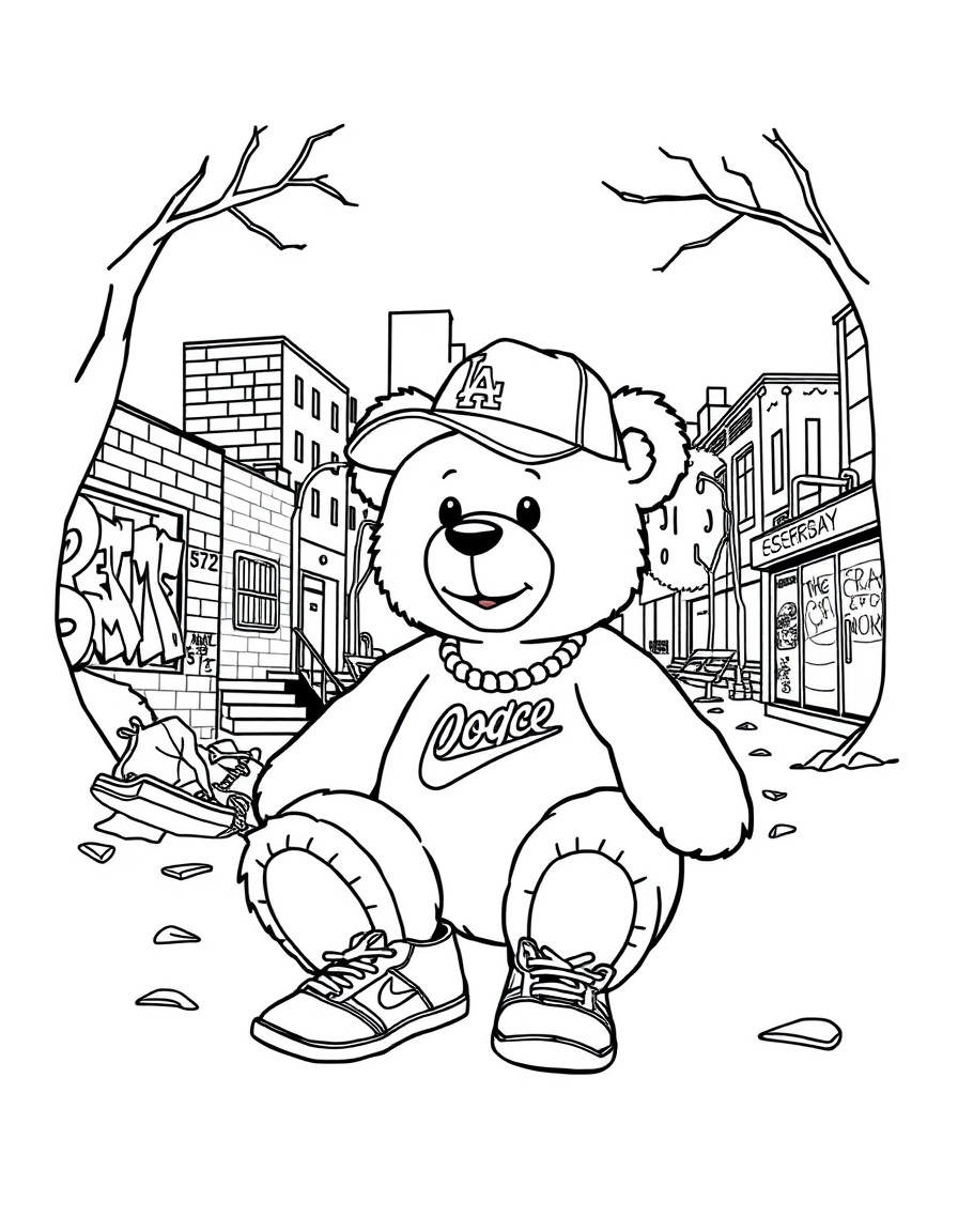 The Game in Compton" - The teddy bear is chillin' in a park, surrounded by graffiti, broken brick walls, and city streets. A pair of Air Jordans is on his feet, and a Dodgers hat is on his head.