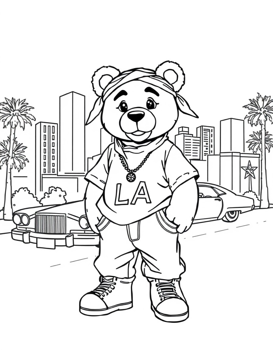 2Pac in LA" - The teddy bear is reppin' the West Coast in a baggy white tee, high-top fades, and a bandana, standin' in front of a mural of the City of Angels. A lowrider is cruisin' by in the backgro