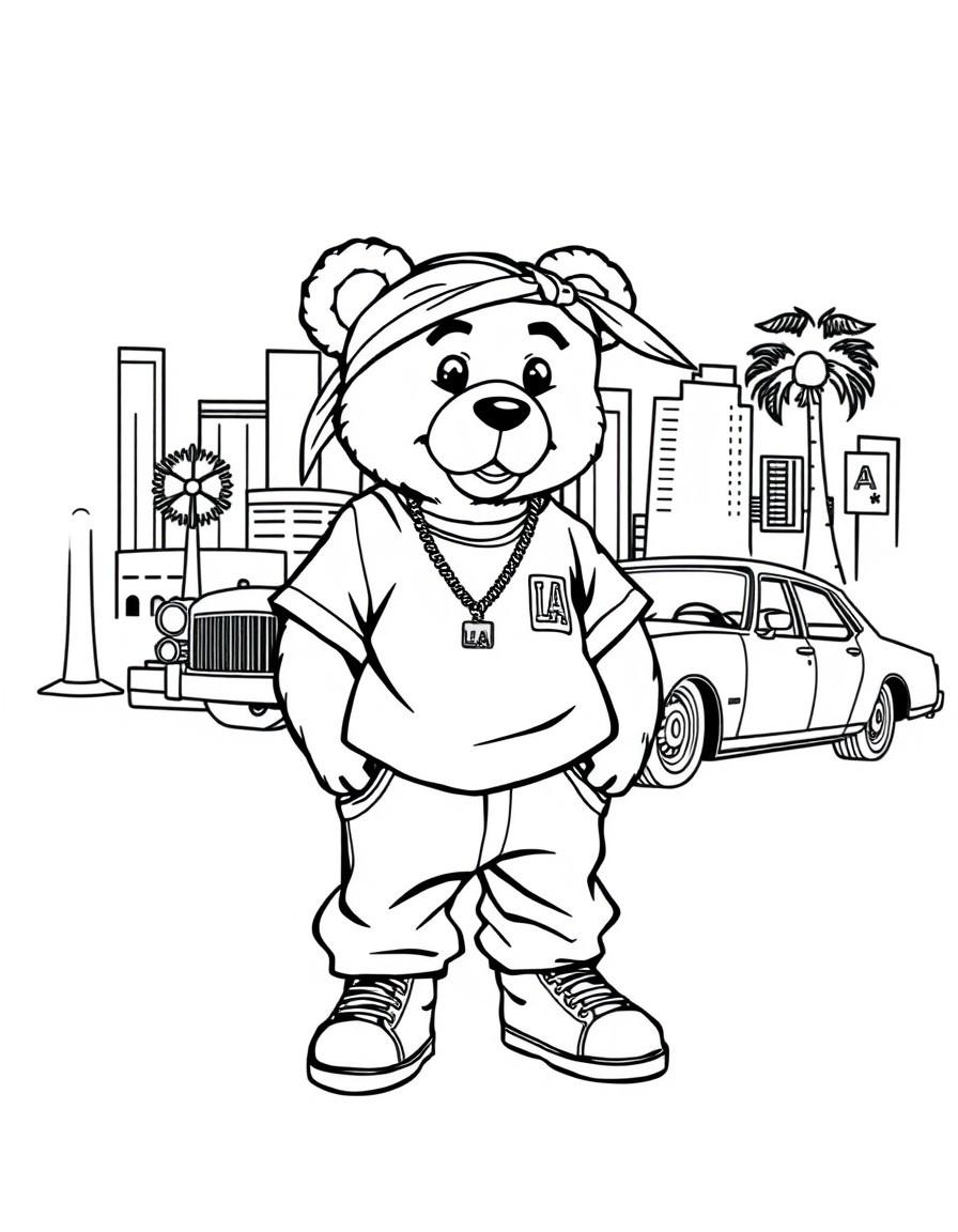 2Pac in LA" - The teddy bear is reppin' the West Coast in a baggy white tee, high-top fades, and a bandana, standin' in front of a mural of the City of Angels. A lowrider is cruisin' by in the backgro