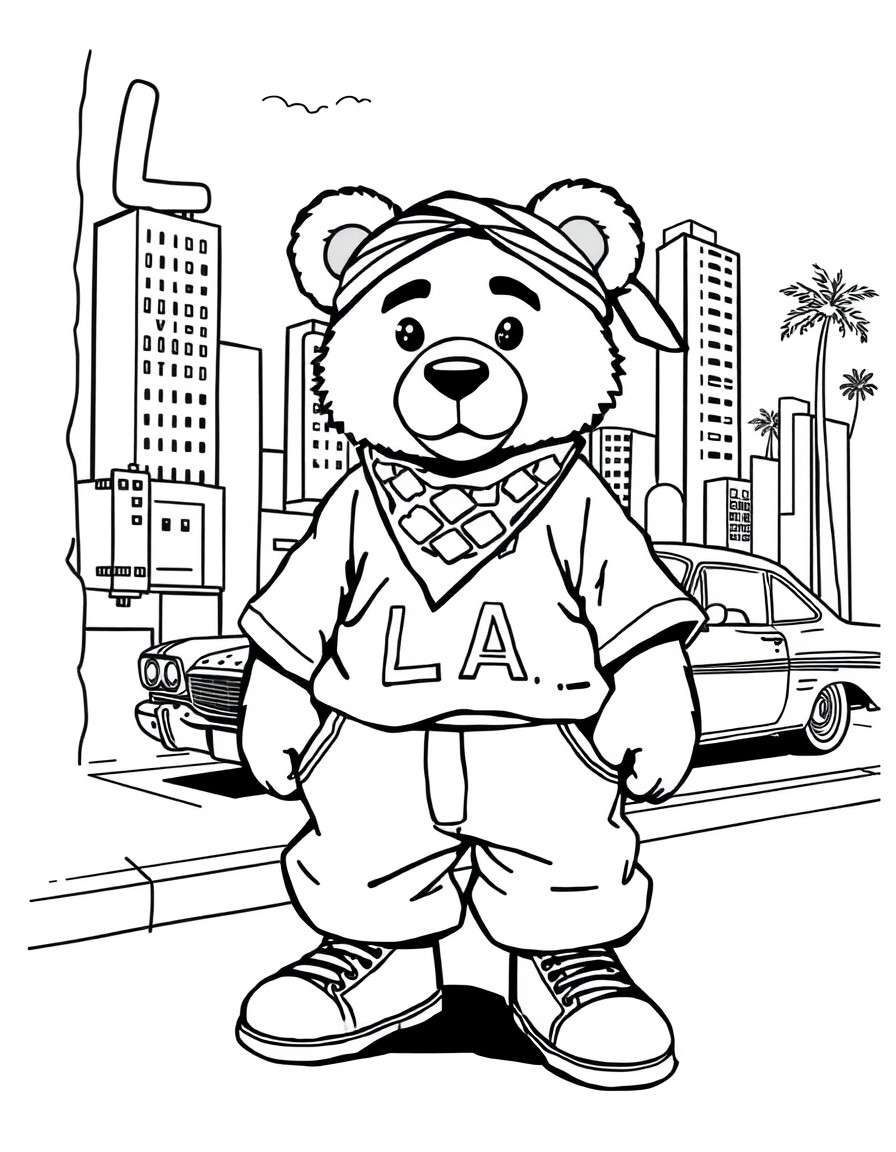 2Pac in LA" - The teddy bear is reppin' the West Coast in a baggy white tee, high-top fades, and a bandana, standin' in front of a mural of the City of Angels. A lowrider is cruisin' by in the backgro