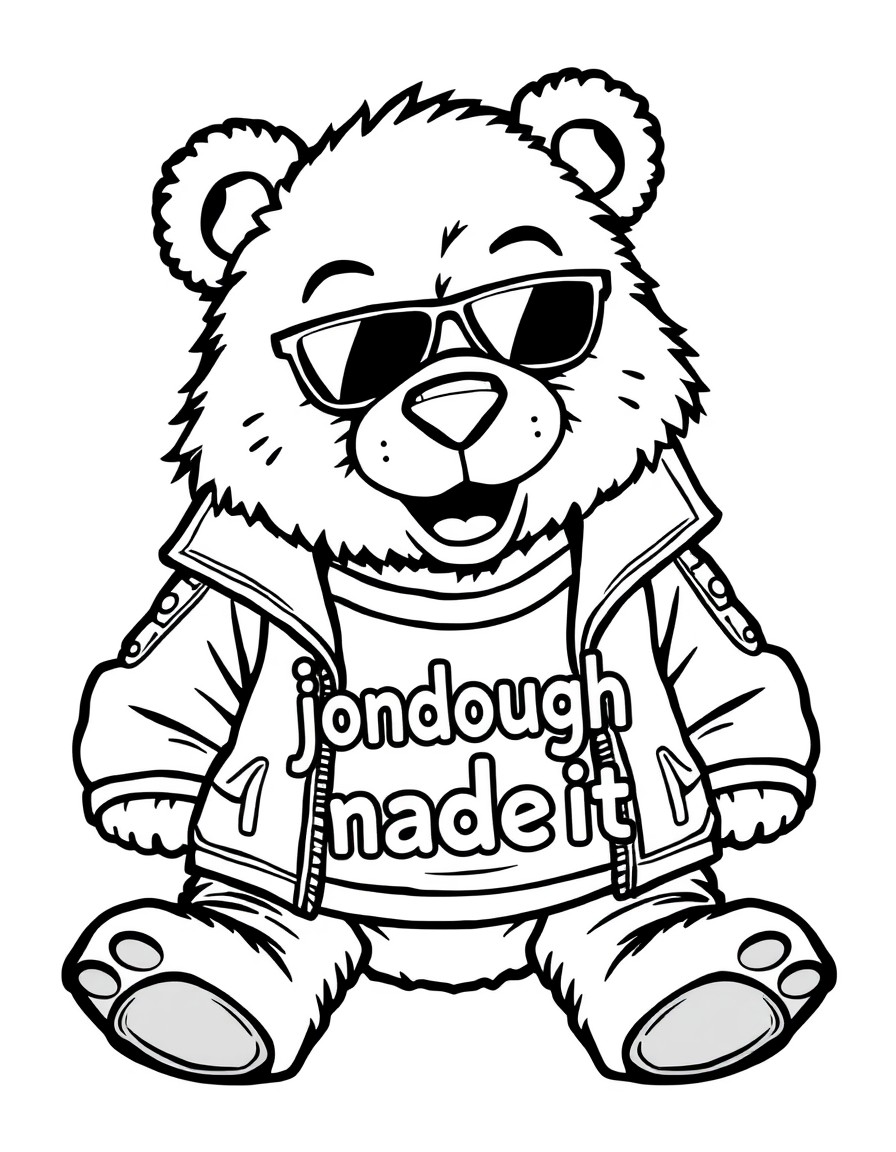 a very cool and tough looking Teddi bear  with a cool jacket on with the text "jondoughmadeit" on it