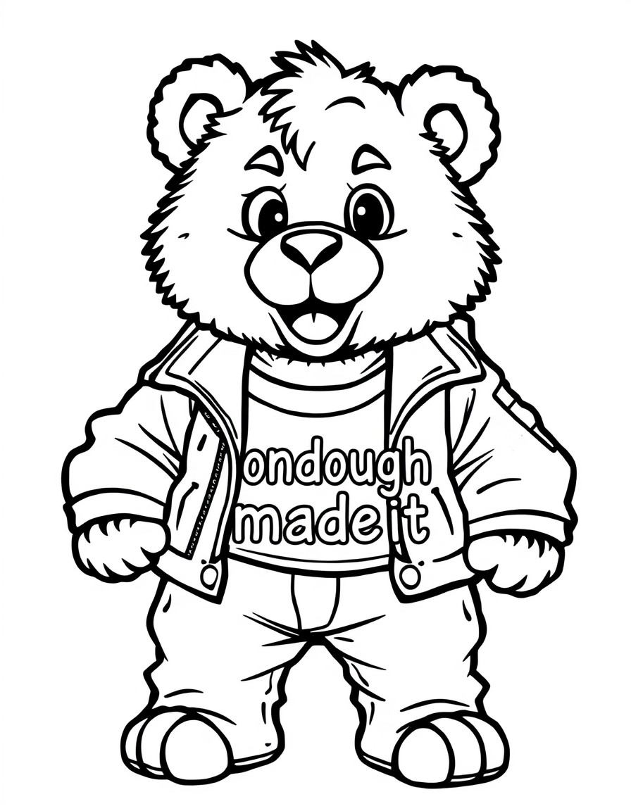 a very cool and tough looking Teddi bear  with a cool jacket on with the text "jondoughmadeit" on it