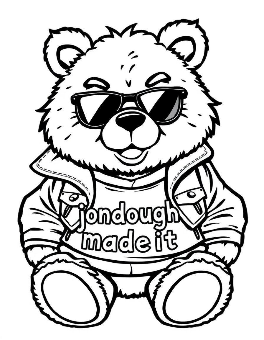 a very cool and tough looking Teddi bear  with a cool jacket on with the text "jondoughmadeit" on it