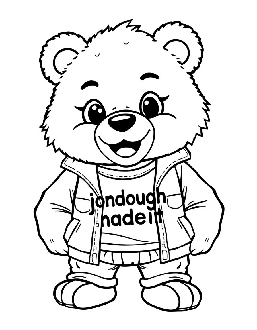 a very cool and tough looking Teddi bear  with a cool jacket on with the text "jondoughmadeit" on it