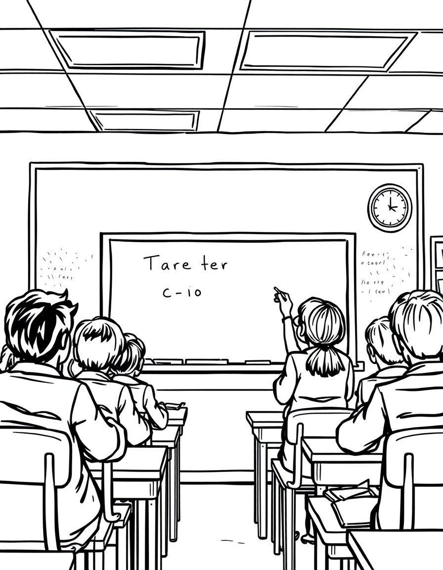 teacher writing on chalkboard in classroom, coloring book illustration
