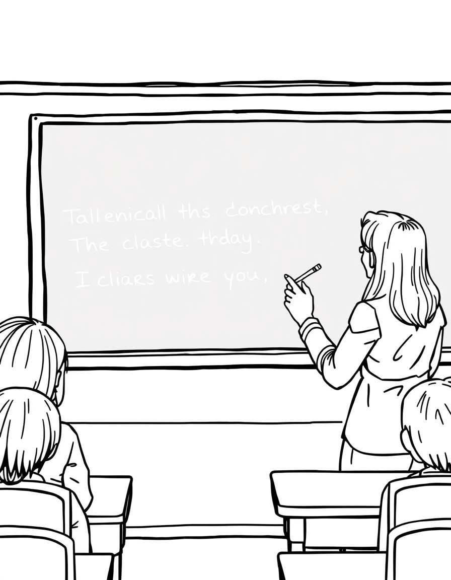 teacher writing on chalkboard in classroom, coloring book illustration