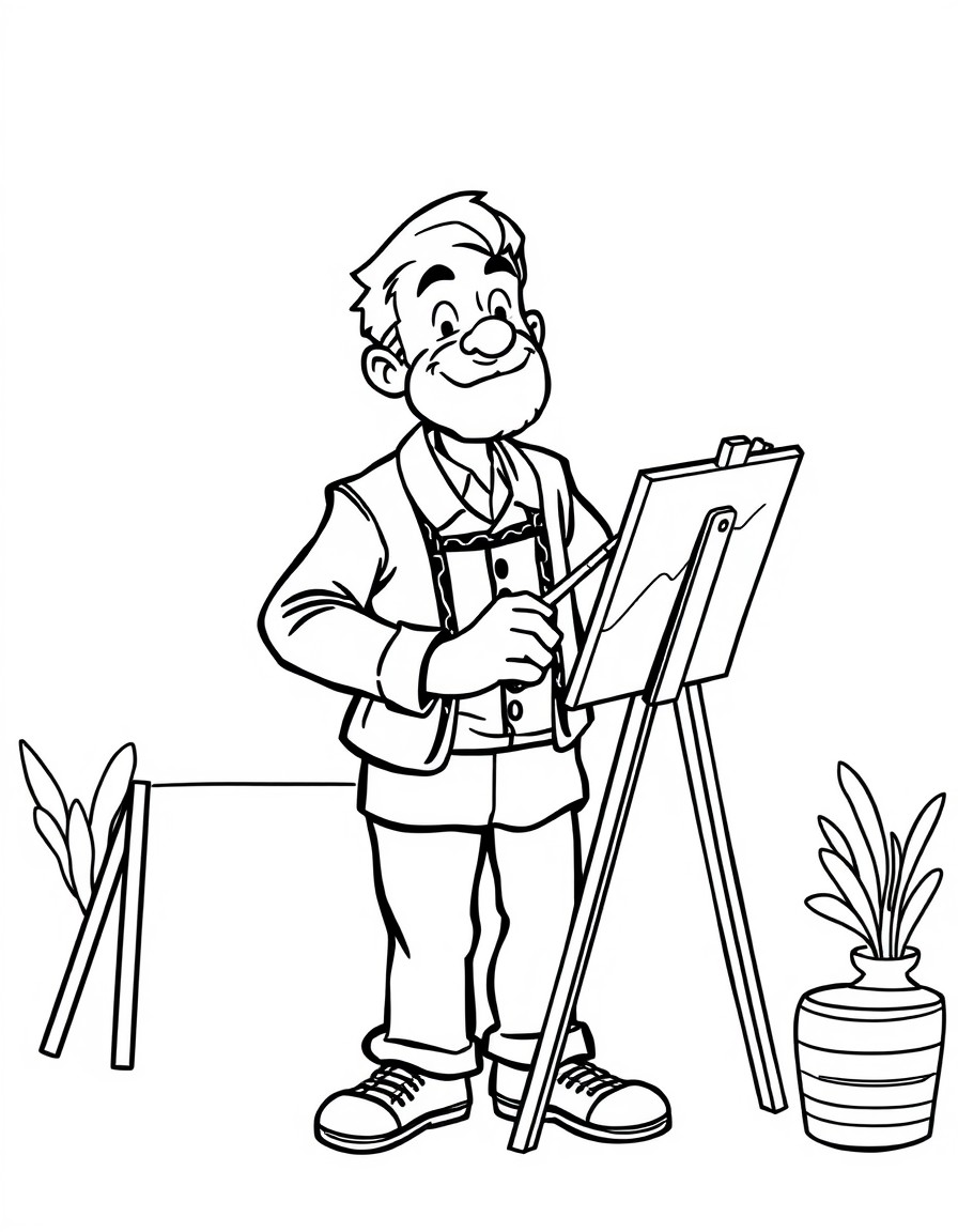 Artist painting on an easel, cartoon character, clean black and white line art