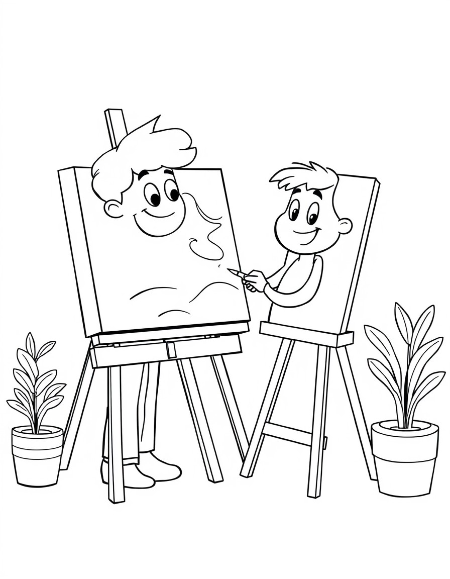 Artist painting on an easel, cartoon character, clean black and white line art