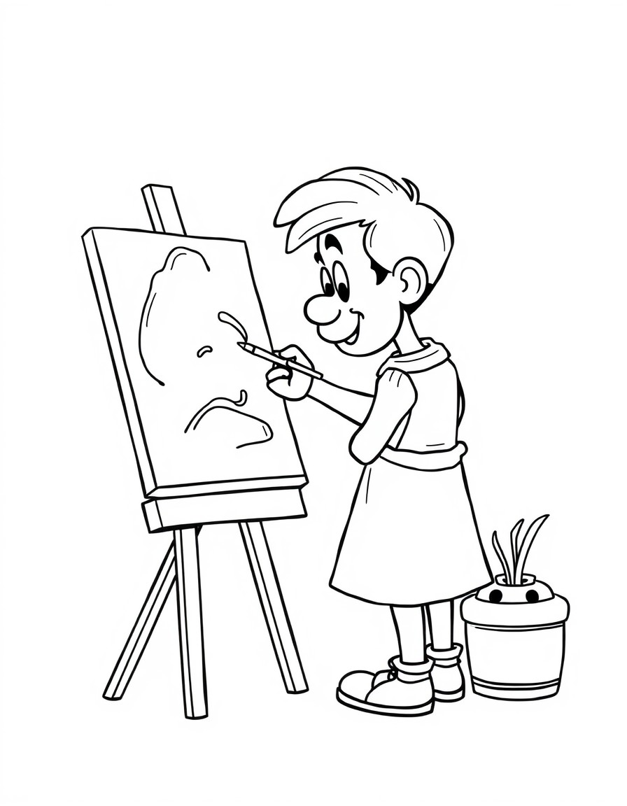 Artist painting on an easel, cartoon character, clean black and white line art