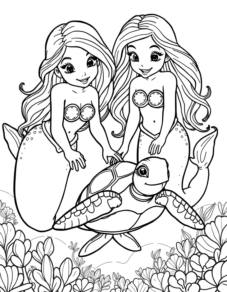 "A black and white line drawing of Twin sister mermaids gently guide a baby turtle into the sea. They smile as the tiny creature flaps its flippers, ready for adventure., designed for a coloring book.