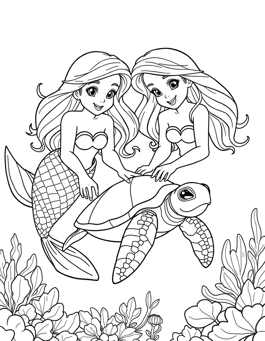 "A black and white line drawing of Twin sister mermaids gently guide a baby turtle into the sea. They smile as the tiny creature flaps its flippers, ready for adventure., designed for a coloring book.