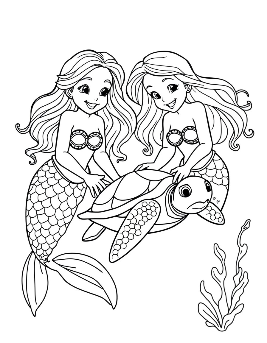 "A black and white line drawing of Twin sister mermaids gently guide a baby turtle into the sea. They smile as the tiny creature flaps its flippers, ready for adventure., designed for a coloring book.