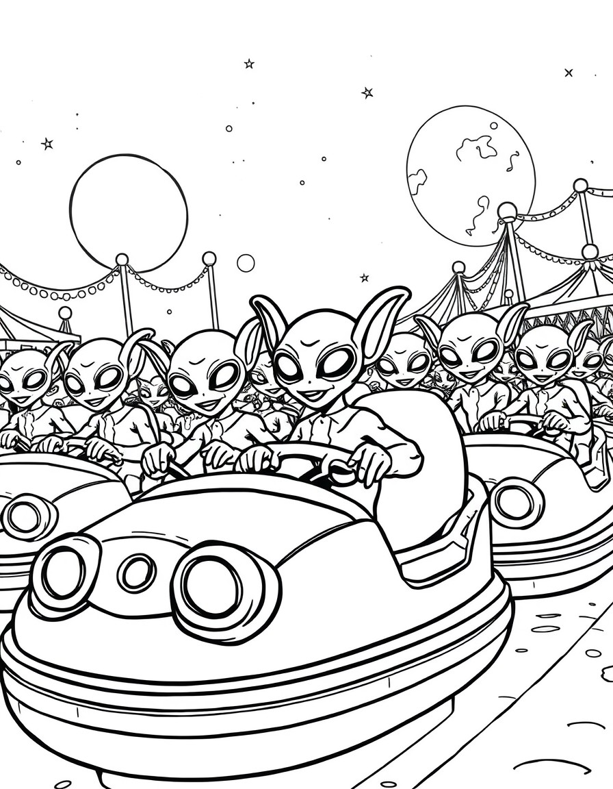 A swarm of playful aliens riding bumper cars on a faraway planet carnival