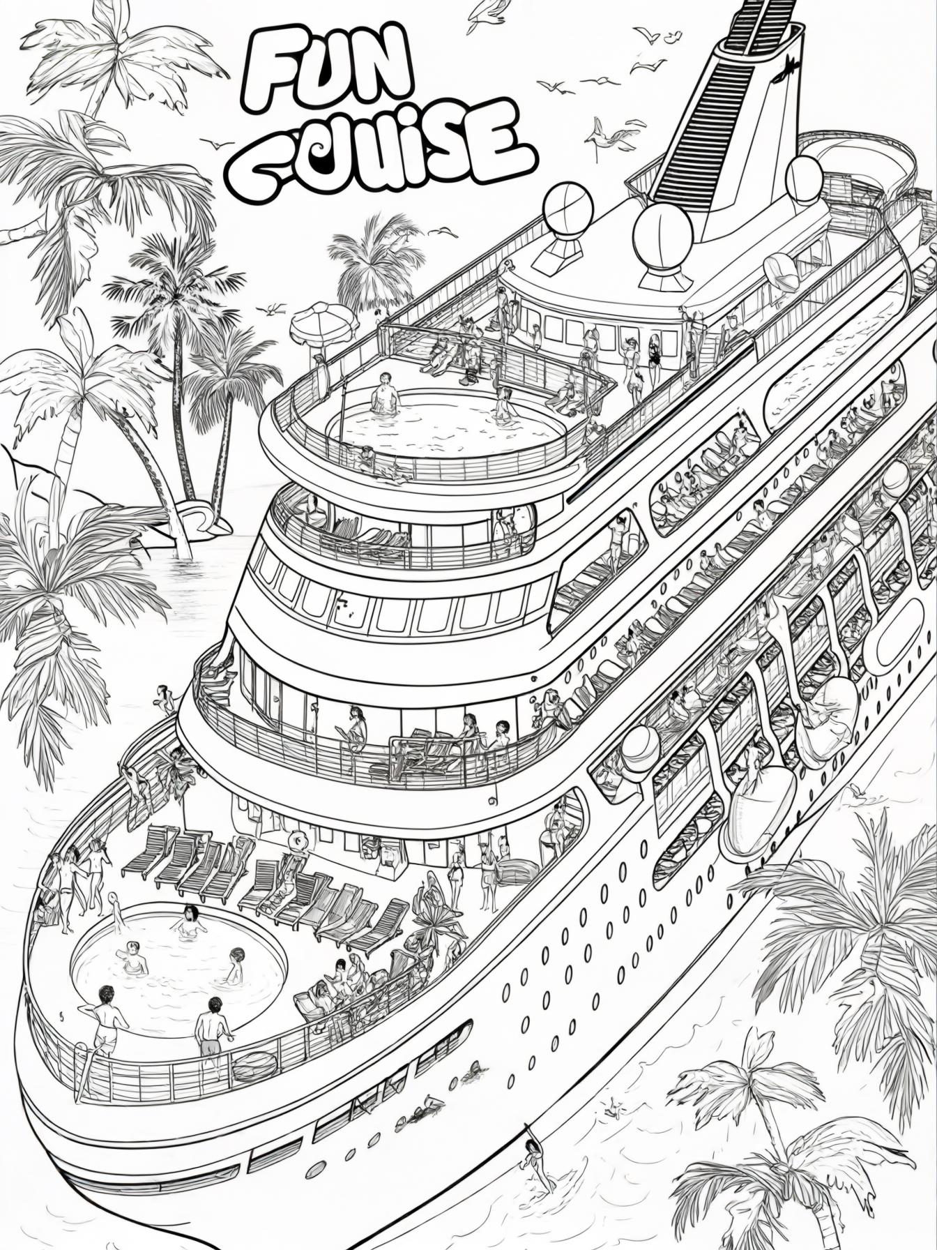 Crie uma imagem colorida de um navio de cruzeiro com vrias pessoas se divertindo ao redor e crianas na piscina do barco para a capa de um livro de colorir divertido para crianas de 2 a 10 anos. Inclua