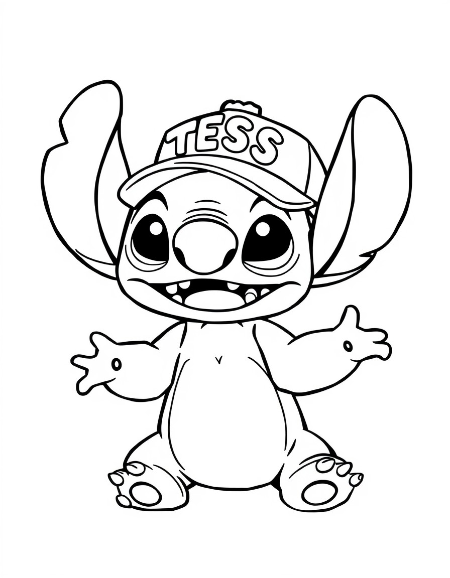 A playful Stitch sporting a cap that proudly displays the name 'TESS'adorable and unique!