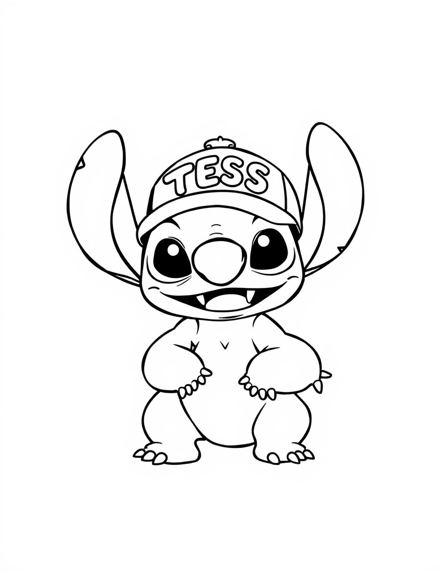 A playful Stitch sporting a cap that proudly displays the name 'TESS'adorable and unique!