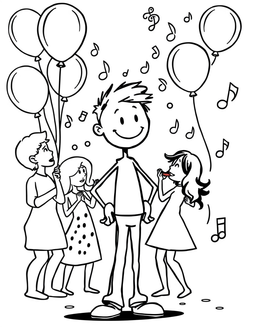 A stick figure standing at a lively party with balloons and music notes in the background