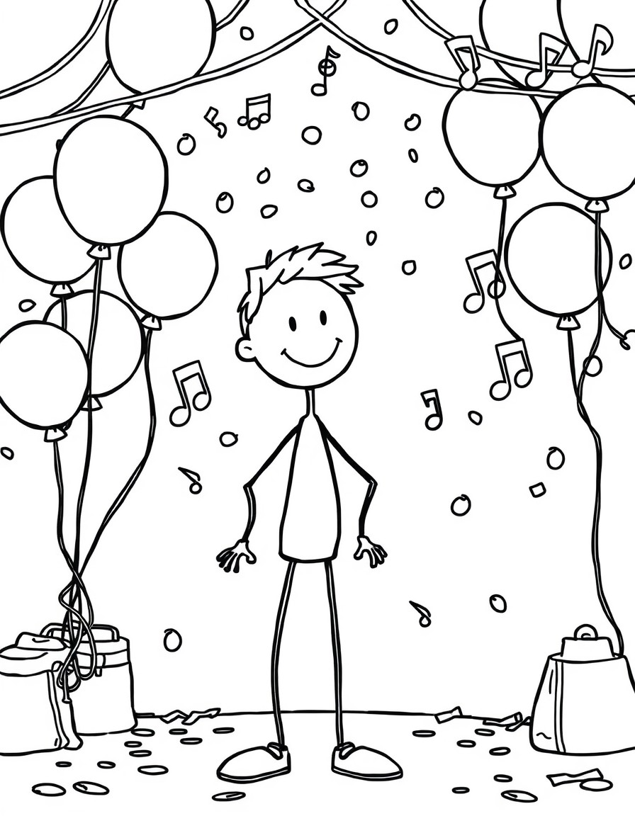 A stick figure standing at a lively party with balloons and music notes in the background