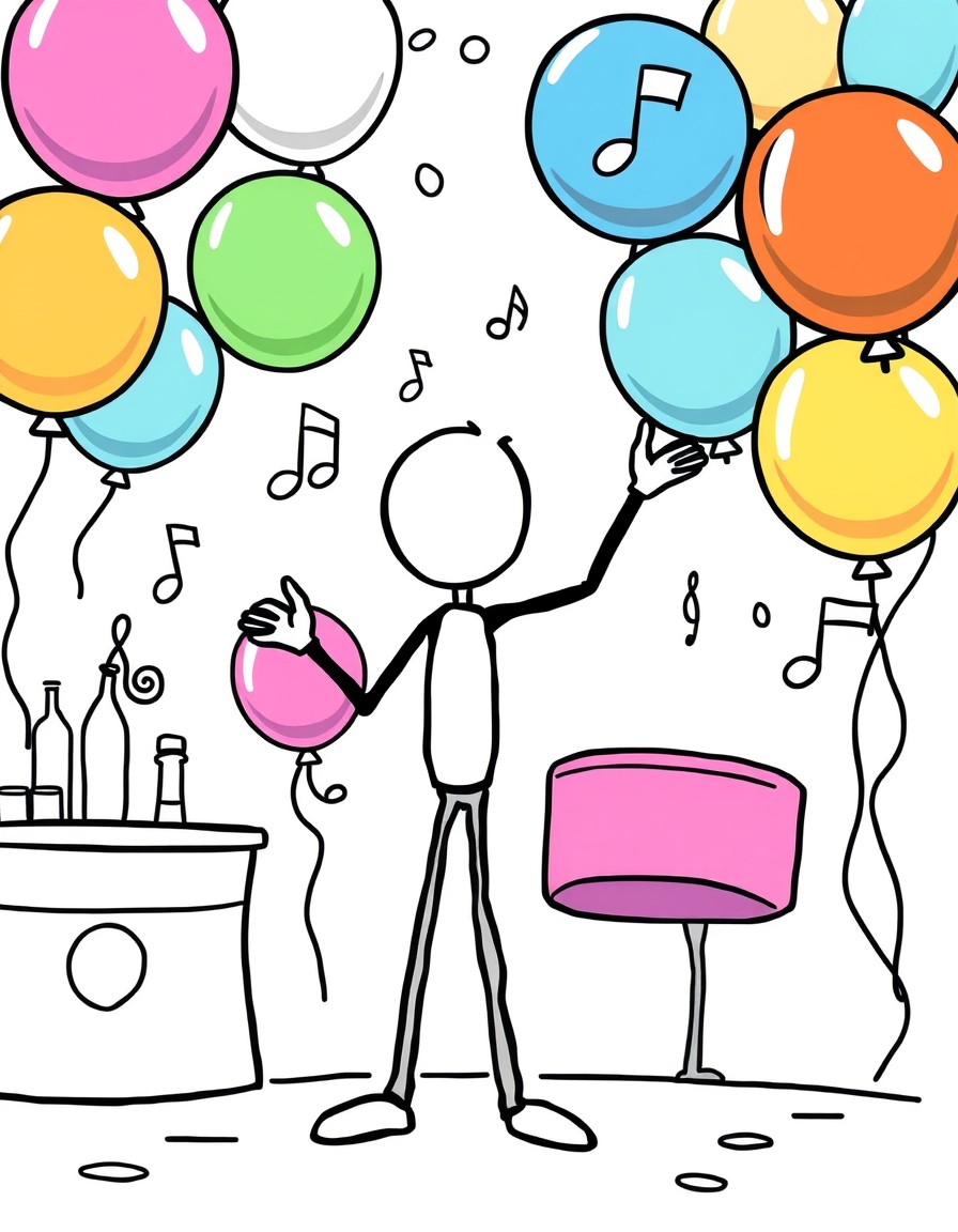 A stick figure standing at a lively party with balloons and music notes in the background