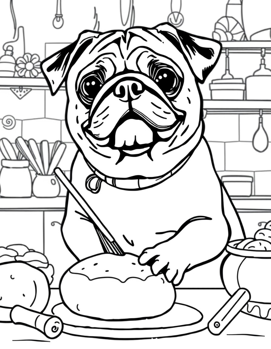 Pug with cozy background doing some baking