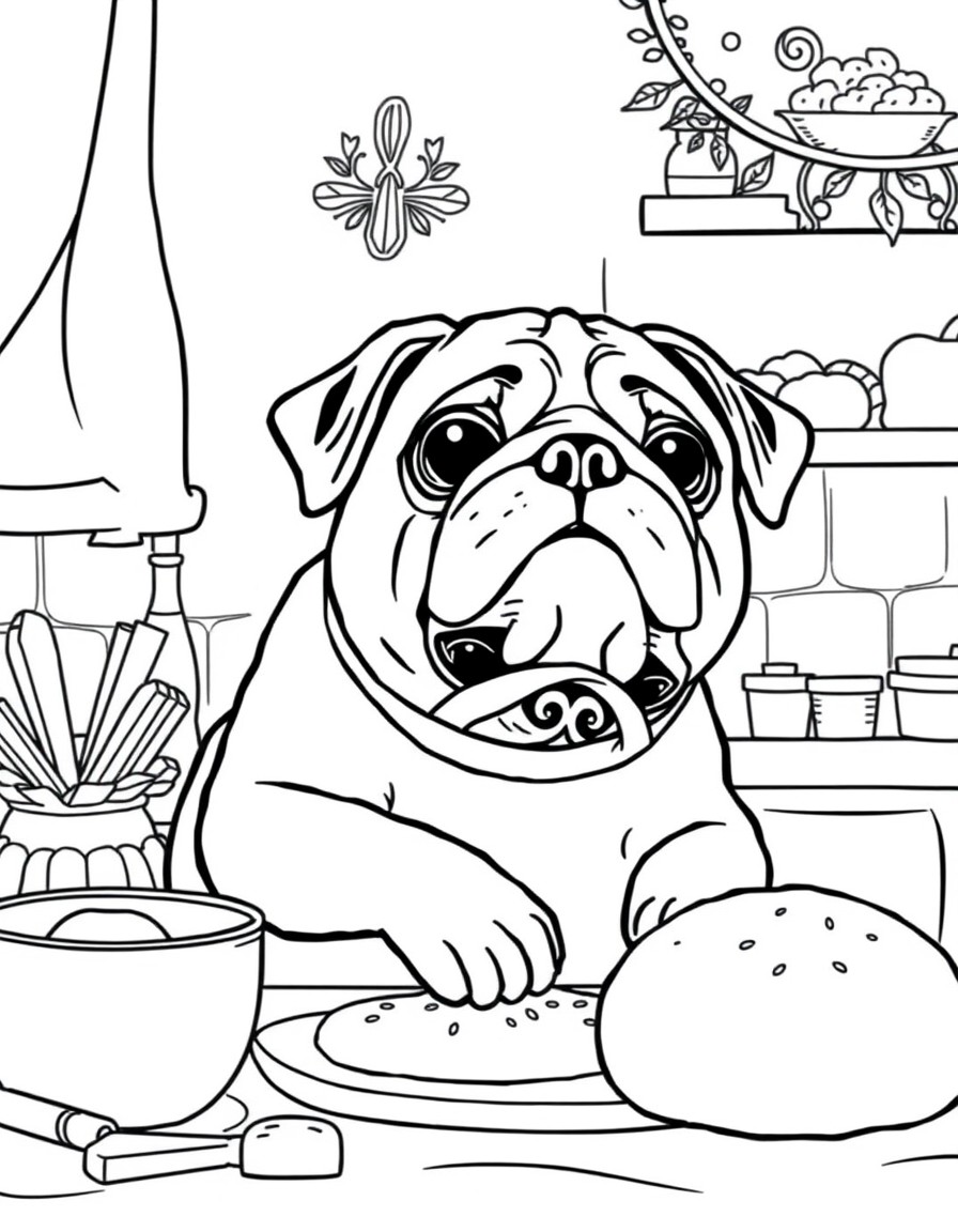 Pug with cozy background doing some baking