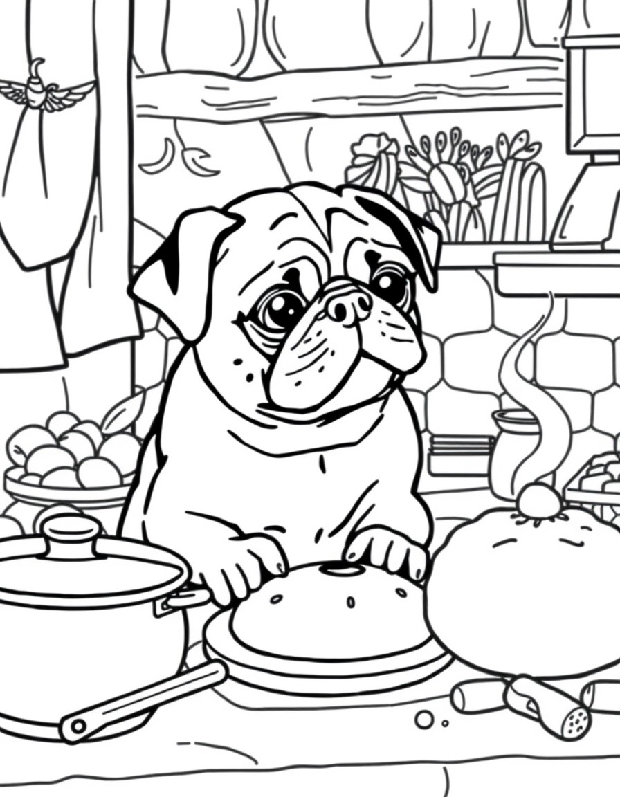 Pug with cozy background doing some baking