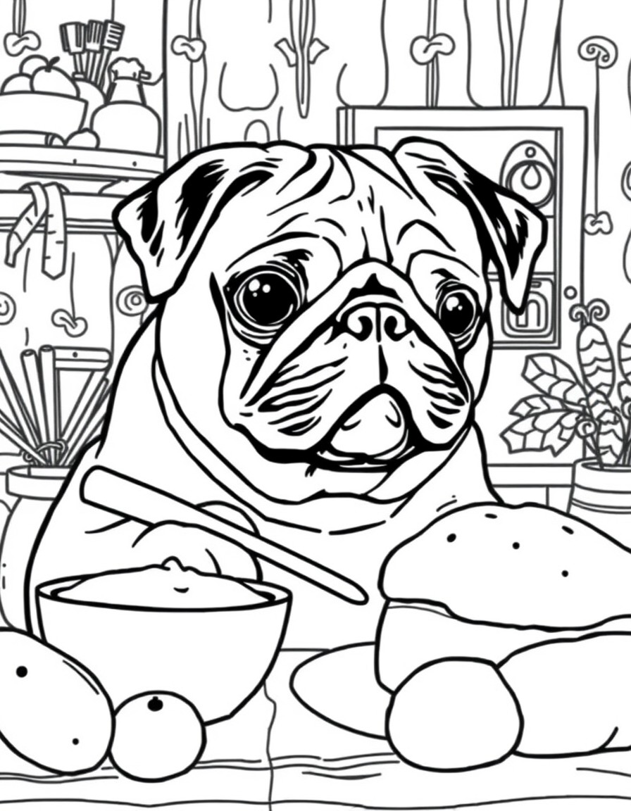 Pug with cozy background doing some baking
